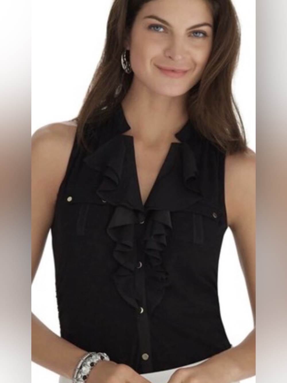 White House Black Market Sleeveless Black Ruffle Shirt, Size Medium